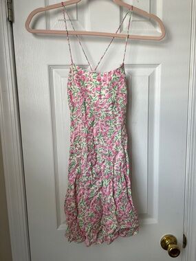 Zara Pink Floral Midi Slip Dress with Green Leaf Print